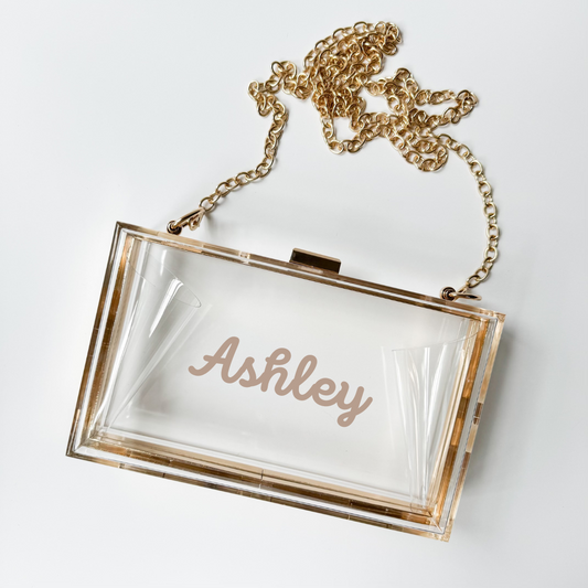 Acrylic Luxury Gold Clear Stadium Bag with Custom Script Name