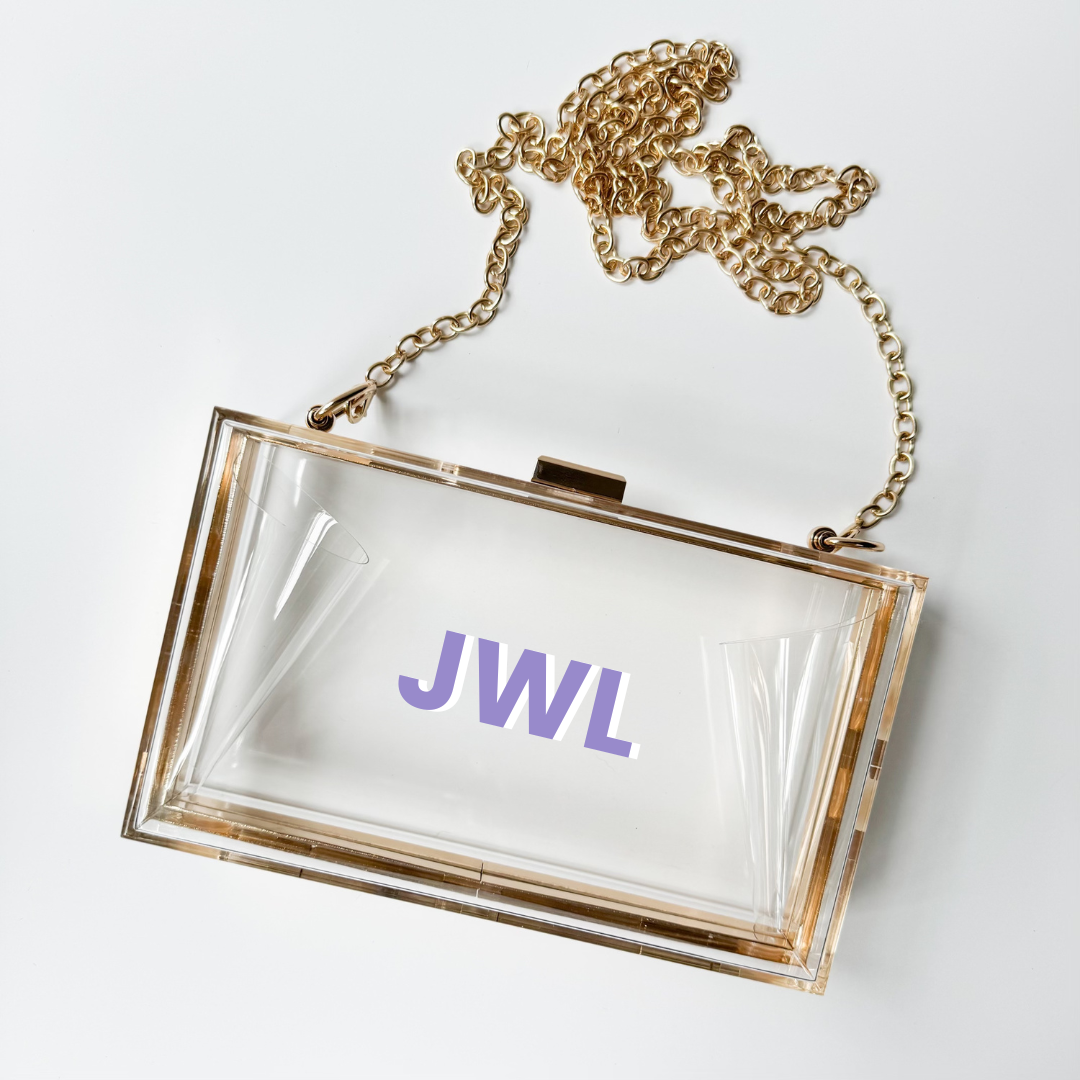 Acrylic Luxury Gold Clear Stadium Bag with Custom Shadow Monogram Ashley Lillis Designs